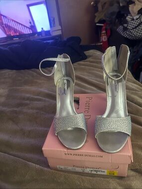 Pierre Dumas Silver Glitter Ankle-Strap Heels